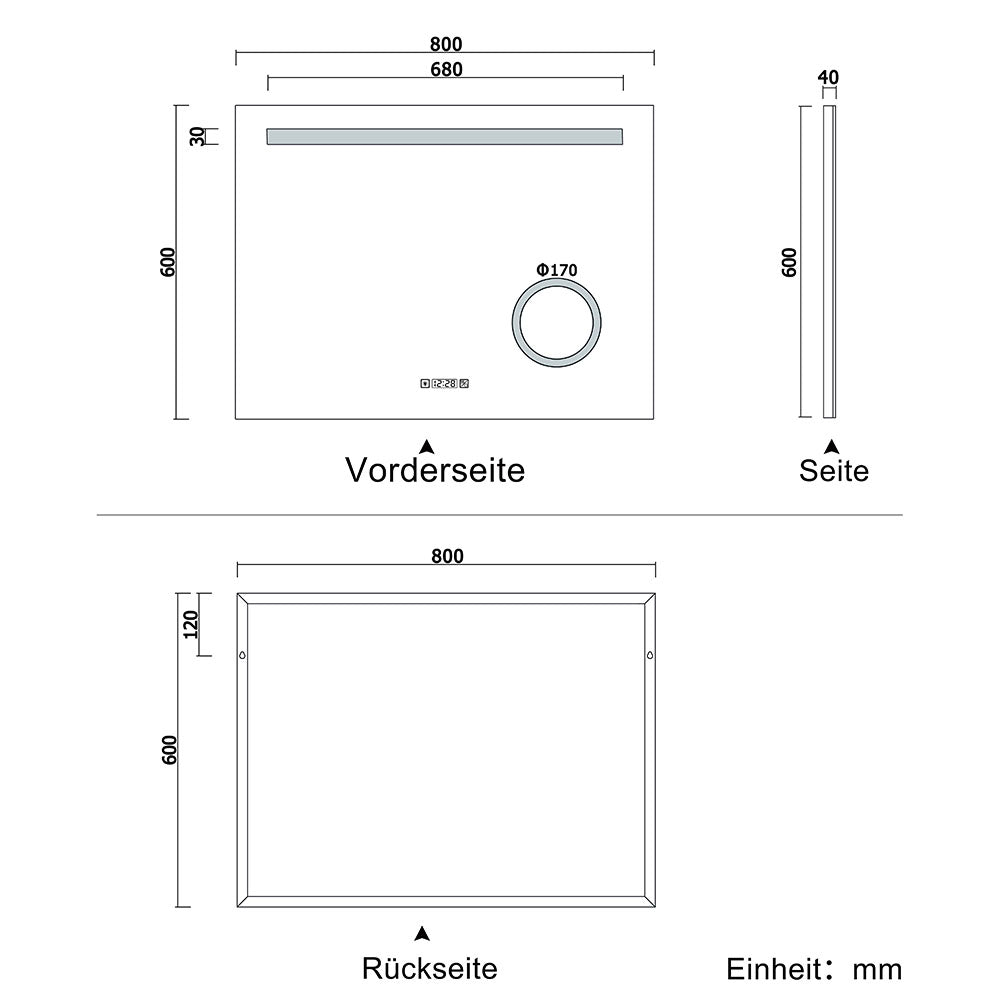 LED Badspiegel 80 -140 cm Wandspiegel mit Uhr, Touch, Beschlagfrei,3-Fach Vergrößerung Schminkspiegel IP44 Kaltweiß energiesparend