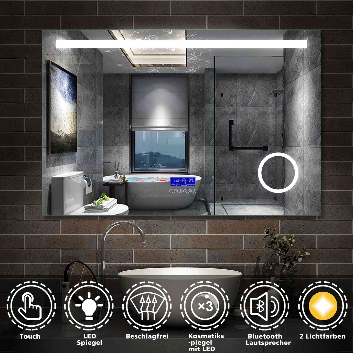 LED Badspiegel 80 bis 140 cm 2 Lichtfarbe Wandspiegel mit Bluetooth, Touch, Beschlagfrei,3-Fach Vergrößerung Schminkspiegel IP44 Kalt/Warmweiß energiesparend