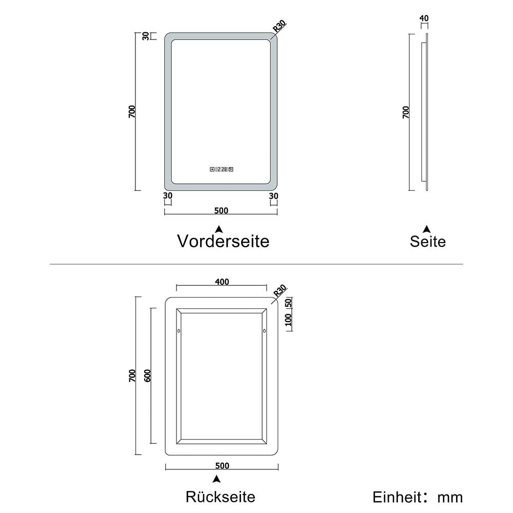 LED Badspiegel mit Uhr, Touch, Beschlagfrei Badezimmerspiegel mit Beleuchtung Lichtspiegel IP44 Kaltweiß energiesparend