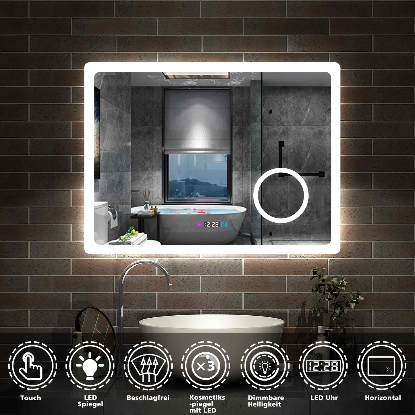 LED Badspiegel 80 -160 cm 3 Lichtfarbe 2700-6500K Wandspiegel mit Uhr, Touch, Beschlagfrei,3-Fach Vergrößerung Schminkspiegel IP44 Kalt/Neutral/Warmweiß energiesparend