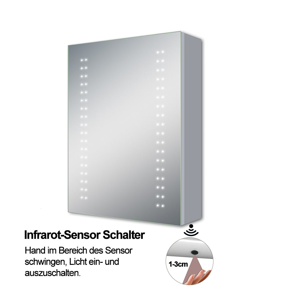 LED Spiegelschrank ELSA 50x70cm Badspiegel mit Beleuchtung, Aluminium, Doppelseitiger Spiegel, IR-Sensor Schalter, Wandspiegel Badezimmerschrank