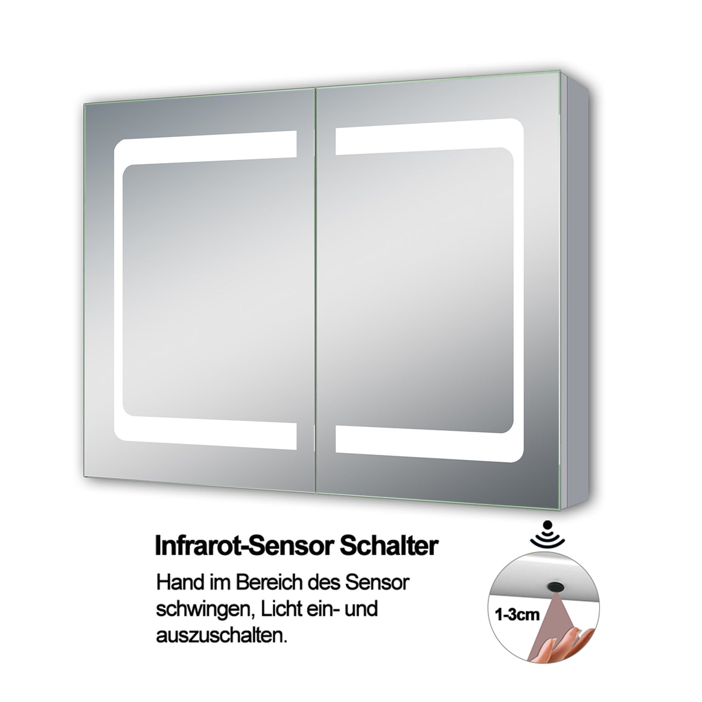 LED Spiegelschrank IVANO 80x60cm Badspiegel mit Beleuchtung, Aluminium, Doppelseitiger Spiegel, IR-Sensor Schalter, Wandspiegel Badezimmerschrank