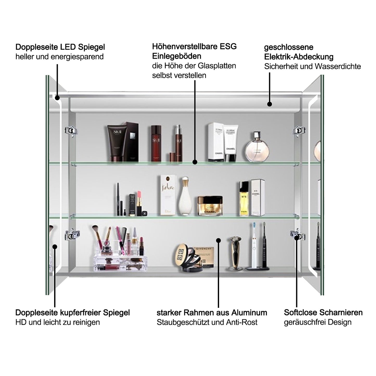 LED Spiegelschrank IVANO 80x60cm Badspiegel mit Beleuchtung, Aluminium, Doppelseitiger Spiegel, IR-Sensor Schalter, Wandspiegel Badezimmerschrank