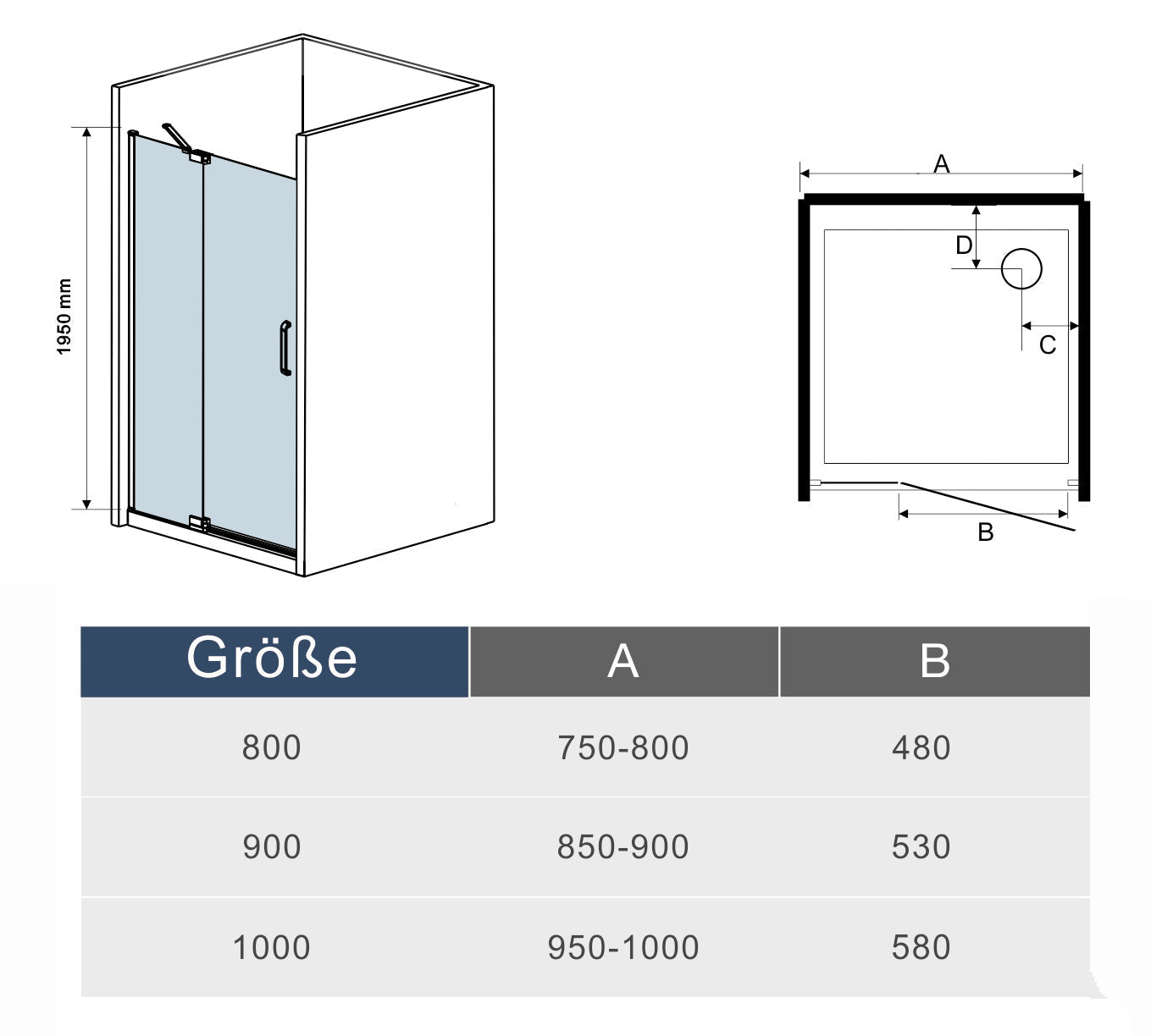 Duschtür Drehtür mit Festteil 90 cm Nische Dusche 8mm NANO Glas H.195 cm