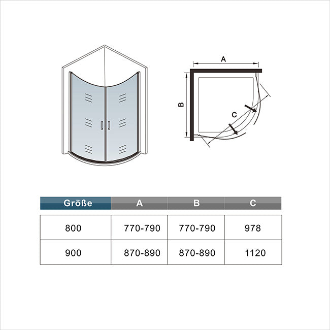 90x90 80x80 Viertelkreis rund Duschkabine Glas Höhe: 195cm