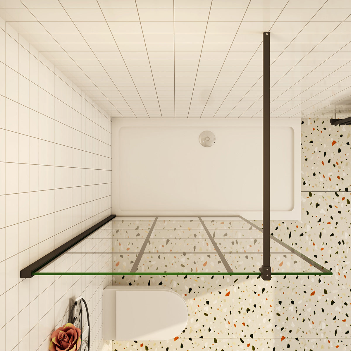 Walk-In Duschwand Dusche mit Gittermuster Schwarz 8mm NANO Glas 120x200 cm