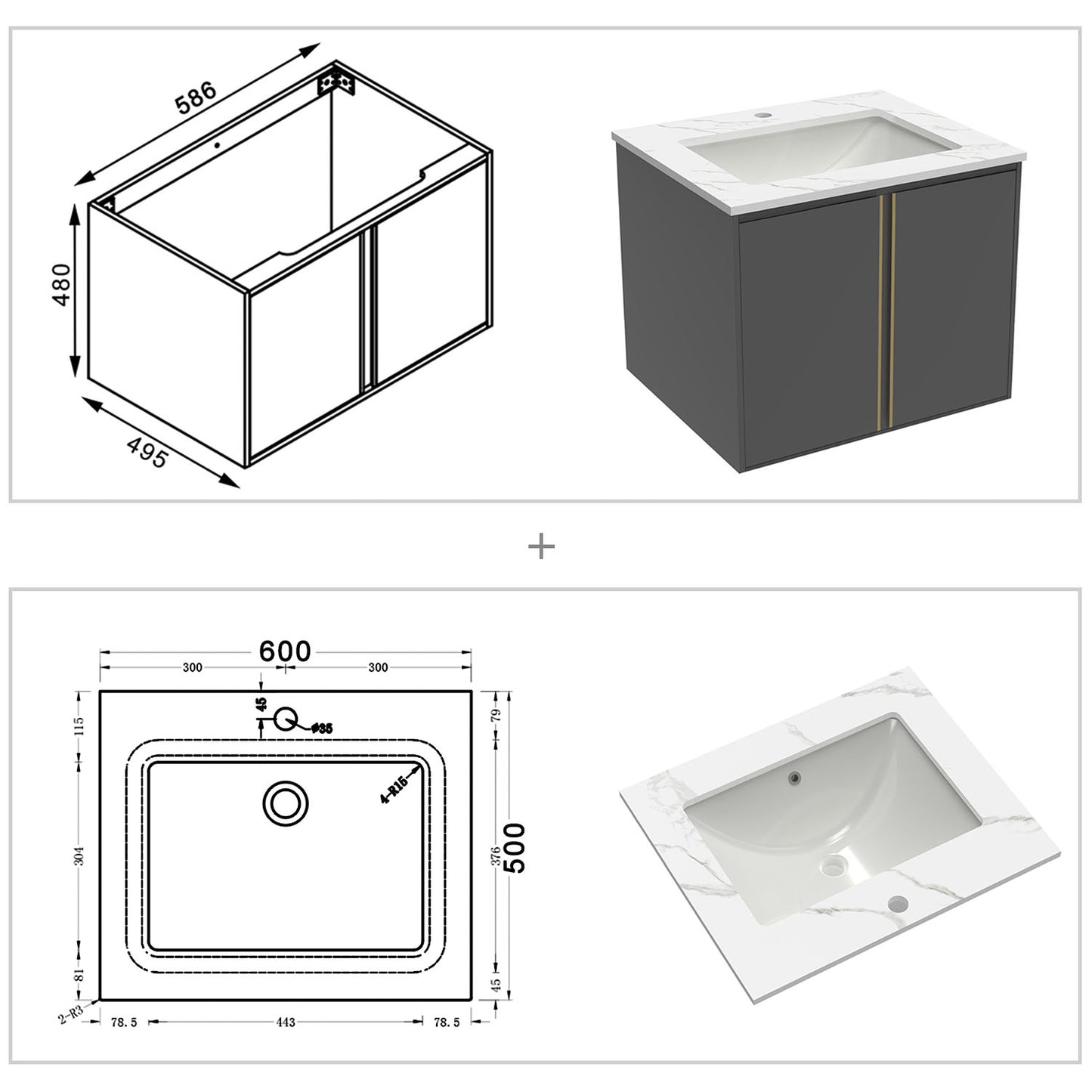 60/80/100 cm Badmöbel Set Felsplatte Waschtisch mit Unterschrank Dunkelgrau