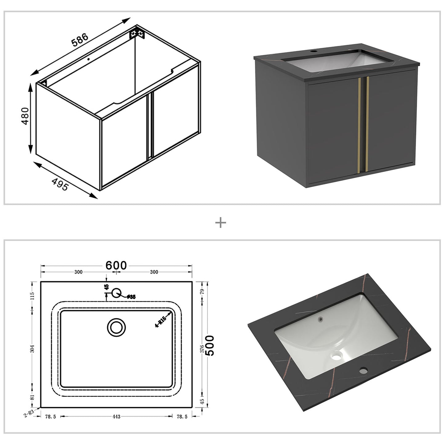 60/80/100 cm Badmöbel Set Felsplatte Waschtisch mit Unterschrank Dunkelgrau
