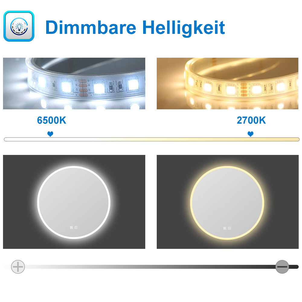 LED Badspiegel rund 50 60 70 80 90 100 cm Touch Beschlagfrei Kaltweiß Wandspiegel mit Beleuchtung