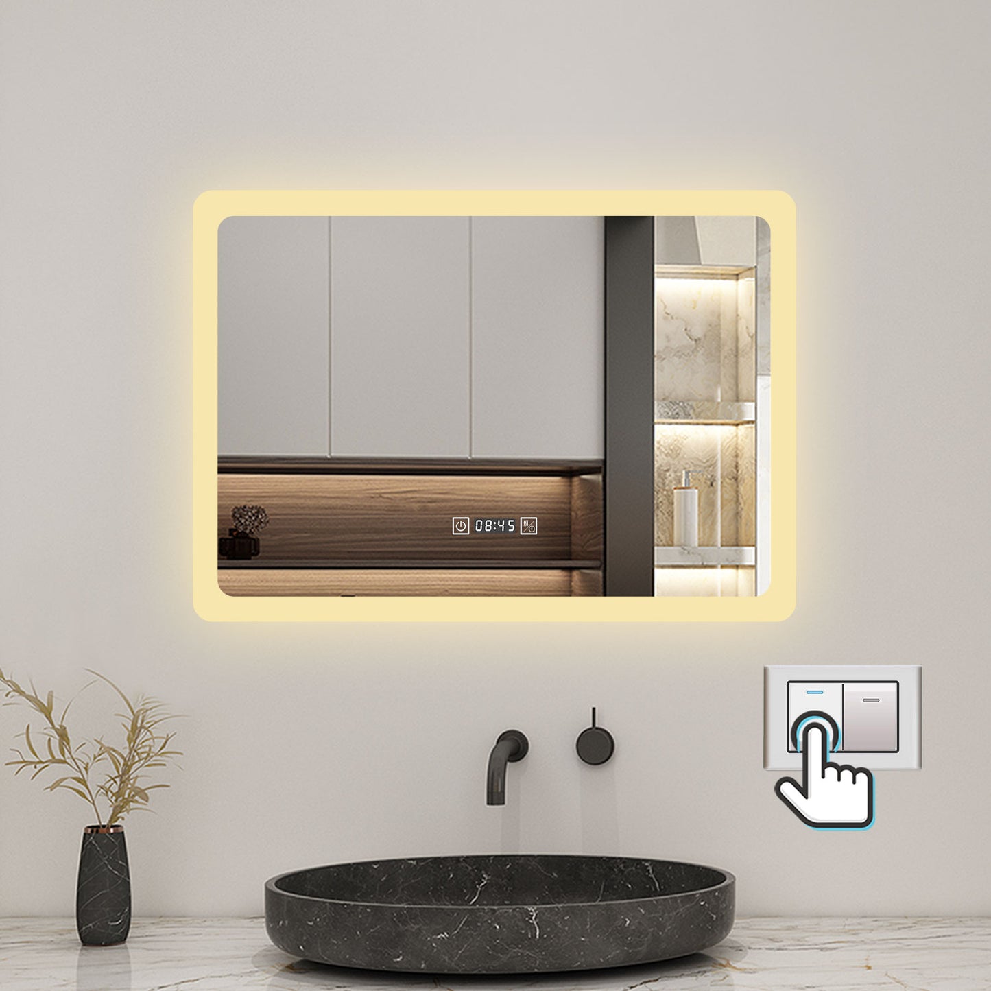 80x60cm LED Badspiegel mit Uhr,Touch-Schalter,Badspiegel mit Beleuchtung,Beschlagfrei,Badezimmerspiegel mit 3 Lichtfarbe 2700-6500K Dimmbar,IP44