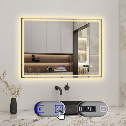 Badspiegel mit Beleuchtung LED Wandspiegel Bluetooth und Uhr Badezimmerspiegel Beschlagfrei 3 Lichtfarbe Dimmbar