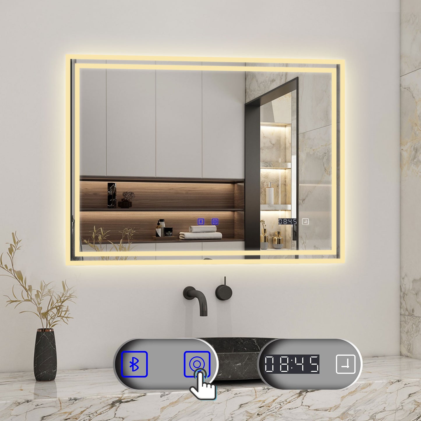 Badspiegel mit Beleuchtung 80x60cm LED Wandspiegel mit Touch,Bluetooth und Uhr,Badezimmerspiegel Beschlagfrei 3 Lichtfarbe 2700-6500K Dimmbar,IP44