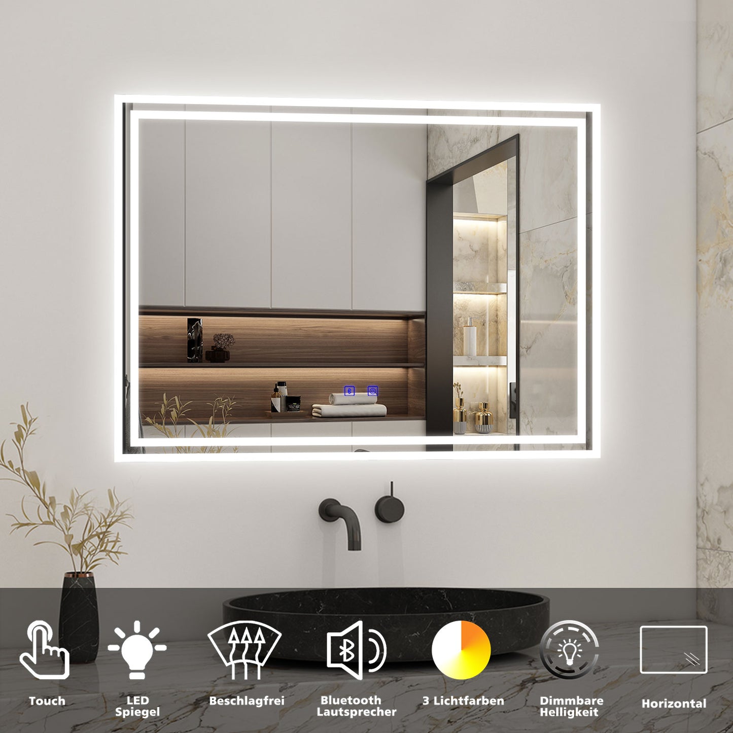 Badspiegel mit Beleuchtung 80x60cm LED Wandspiegel mit Touch und Bluetooth,Badezimmerspiegel Beschlagfrei 3 Lichtfarbe 2700-6500K Dimmbar,IP44