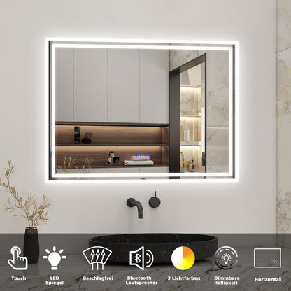 Badspiegel mit Beleuchtung 80x60cm LED Wandspiegel mit Touch und Bluetooth,Badezimmerspiegel Beschlagfrei 3 Lichtfarbe 2700-6500K Dimmbar,IP44