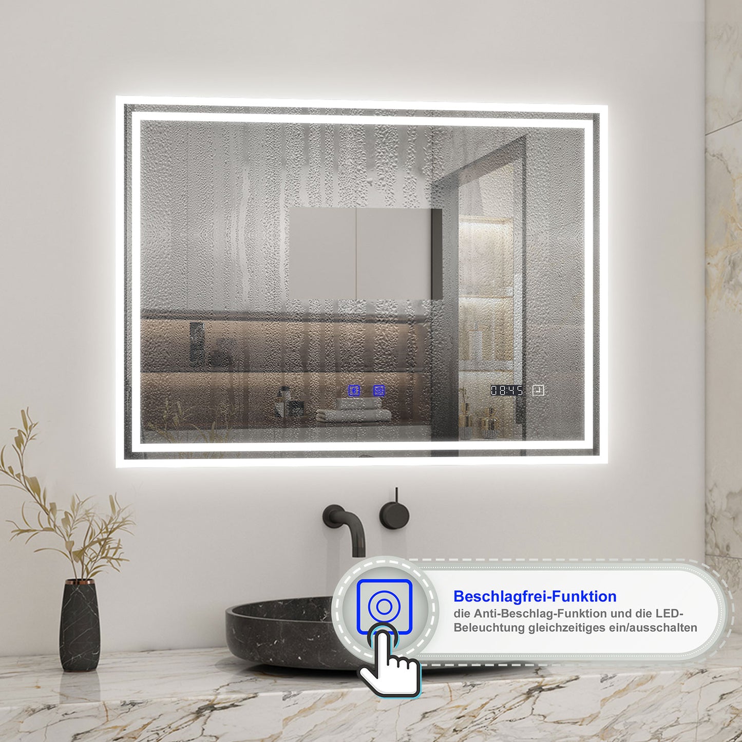 Badspiegel mit Beleuchtung 80x60cm LED Wandspiegel mit Touch,Bluetooth und Uhr,Badezimmerspiegel Beschlagfrei 3 Lichtfarbe 2700-6500K Dimmbar,IP44