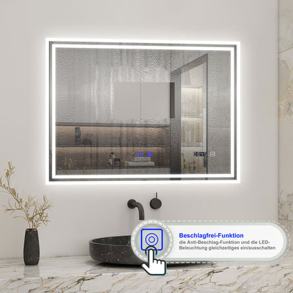 Badspiegel mit Beleuchtung 80x60cm LED Wandspiegel mit Touch,Bluetooth und Uhr,Badezimmerspiegel Beschlagfrei 3 Lichtfarbe 2700-6500K Dimmbar,IP44