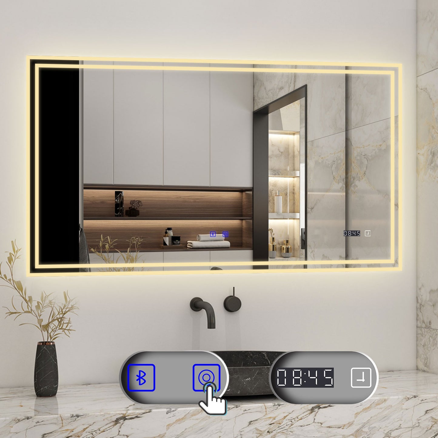 Badspiegel mit Beleuchtung 160x80cm LED Wandspiegel mit Touch,Bluetooth und Uhr,Badezimmerspiegel Beschlagfrei 3 Lichtfarbe 2700-6500K Dimmbar,IP44
