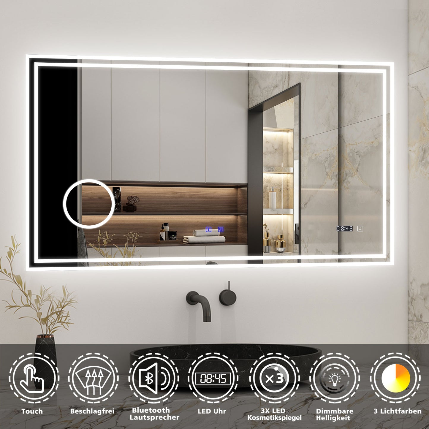 Badspiegel mit Beleuchtung 160x80cm LED Wandspiegel mit Bluetooth, Uhr,Touch und 3x Vergrößernder Kosmetikspiegel,Badezimmerspiegel Beschlagfrei 3 Lichtfarbe 2700-6500K Dimmbar,IP44