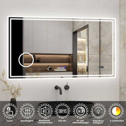 Badspiegel mit Beleuchtung 160x80cm LED Wandspiegel mit Bluetooth, Uhr,Touch und 3x Vergrößernder Kosmetikspiegel,Badezimmerspiegel Beschlagfrei 3 Lichtfarbe 2700-6500K Dimmbar,IP44