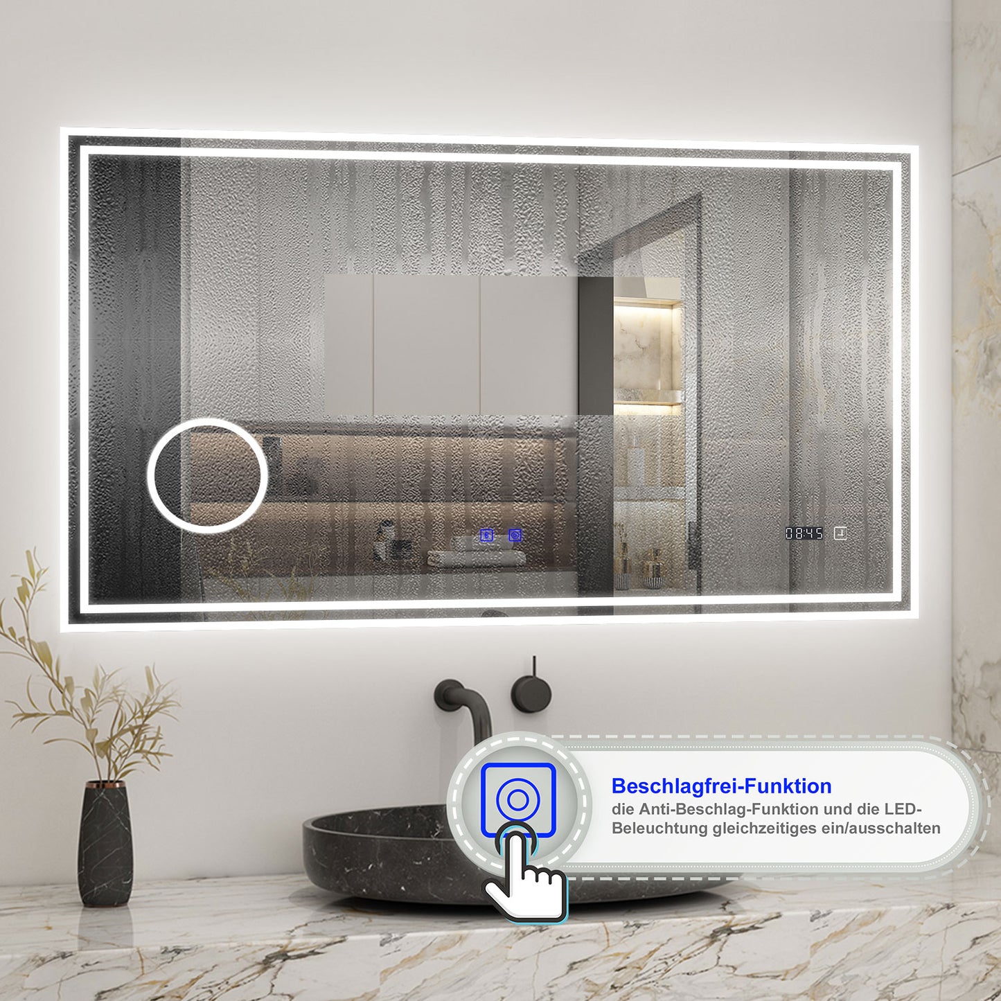 Badspiegel mit Beleuchtung 160x80cm LED Wandspiegel mit Bluetooth, Uhr,Touch und 3x Vergrößernder Kosmetikspiegel,Badezimmerspiegel Beschlagfrei 3 Lichtfarbe 2700-6500K Dimmbar,IP44