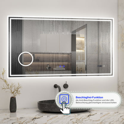 Badspiegel mit Beleuchtung 160x80cm LED Wandspiegel mit Bluetooth, Uhr,Touch und 3x Vergrößernder Kosmetikspiegel,Badezimmerspiegel Beschlagfrei 3 Lichtfarbe 2700-6500K Dimmbar,IP44