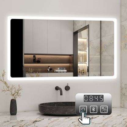 70x50cm LED Badspiegel mit Bluetooth und Uhr,Badspiegel mit Beleuchtung,Touch,Beschlagfrei,Badezimmerspiegel mit 3 Lichtfarbe 2700-6500K Dimmbar,IP44