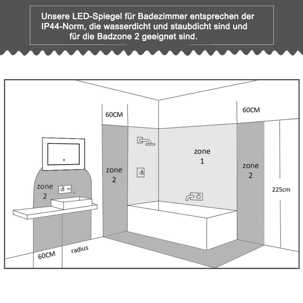 60 x 50cm LED Wandspiegel mit Touch-Schalter,Badspiegel LED Beleuchtung Kaltweiß