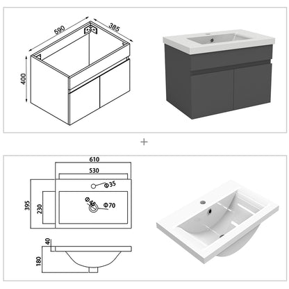 Badezimmer Badmöbel 60cm Dickes Keramik Waschtisch mit Unterschrank Hängeschrank Dunkelgrau Matt Badezimmerschränke Badschrank mit 2 Soft-Close Türen