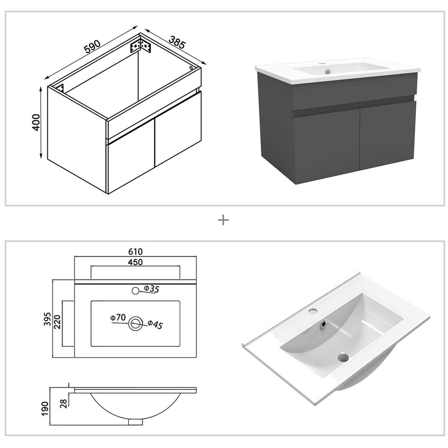 Badezimmer Badmöbel 60cm Dünn Keramik Waschtisch mit Unterschrank Hängeschrank Dunkelgrau Matt Badezimmerschränke Badschrank mit 2 Soft-Close Türen