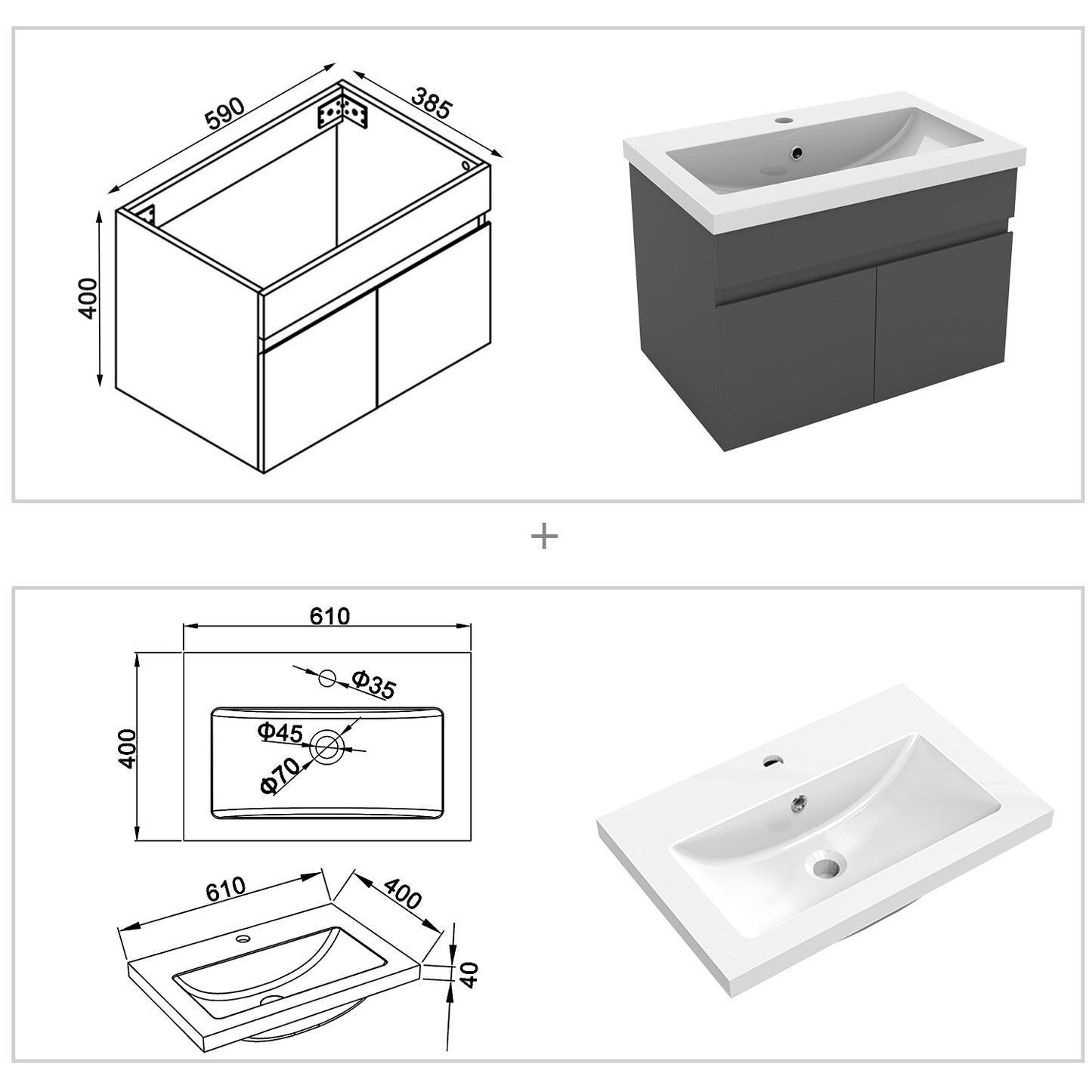 Badezimmer Badmöbel 60cm Mineralguss Waschtisch mit Unterschrank Hängeschrank Dunkelgrau Matt Badezimmerschränke Badschrank mit 2 Soft-Close Türen