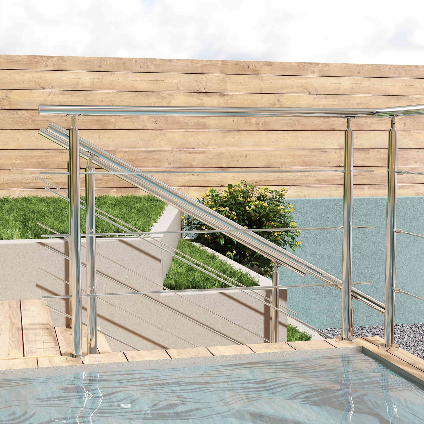 Edelstahl Geländer V2A mit Handlauf (80-200 cm) | 3 oder 5 Querstreben | Bodenmontage & Winkelverstellbar (0°-40°) | Für Balkon, Terrasse & Treppe