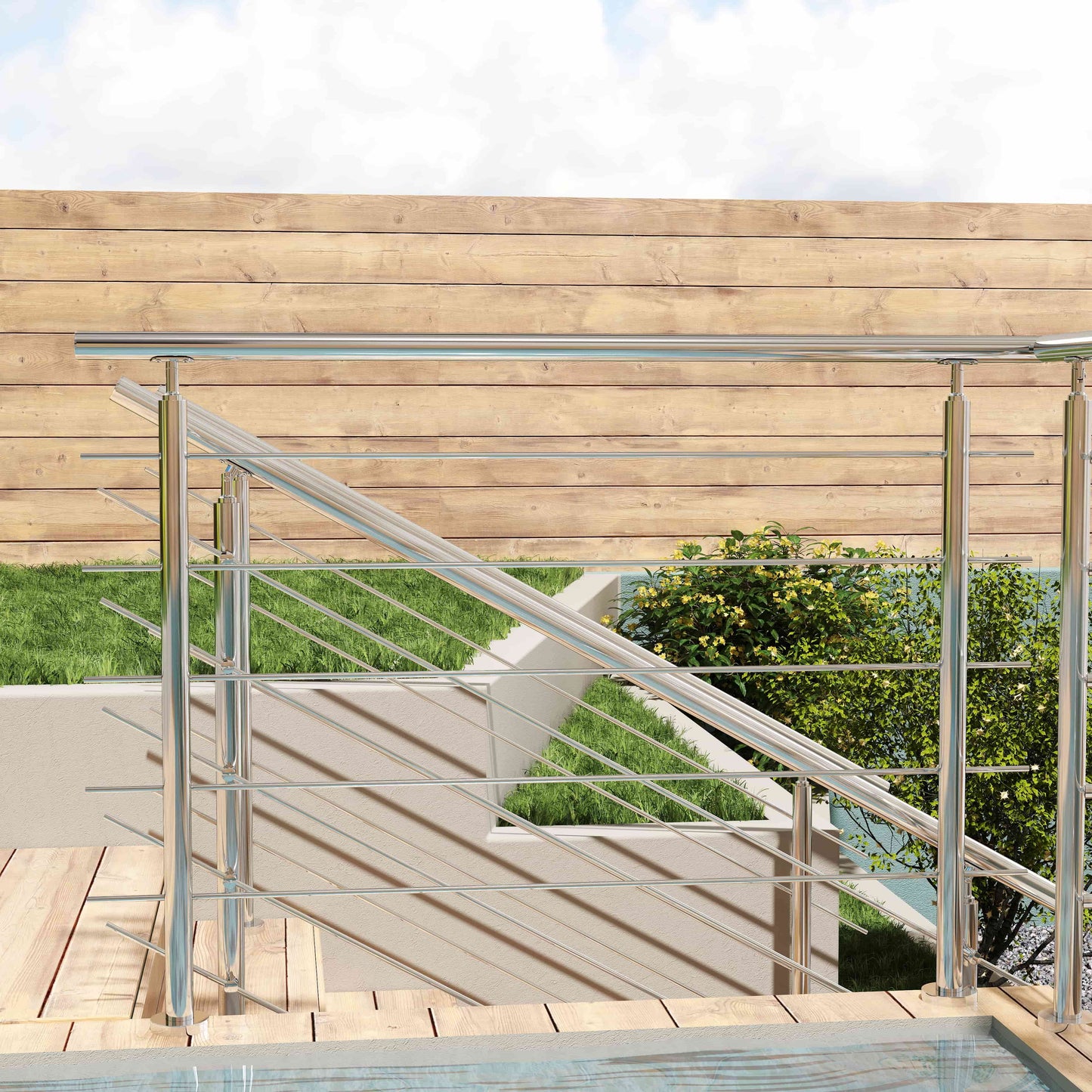Edelstahl Geländer V2A mit Handlauf (80-200 cm) | 3 oder 5 Querstreben | Bodenmontage & Winkelverstellbar (0°-40°) | Für Balkon, Terrasse & Treppe