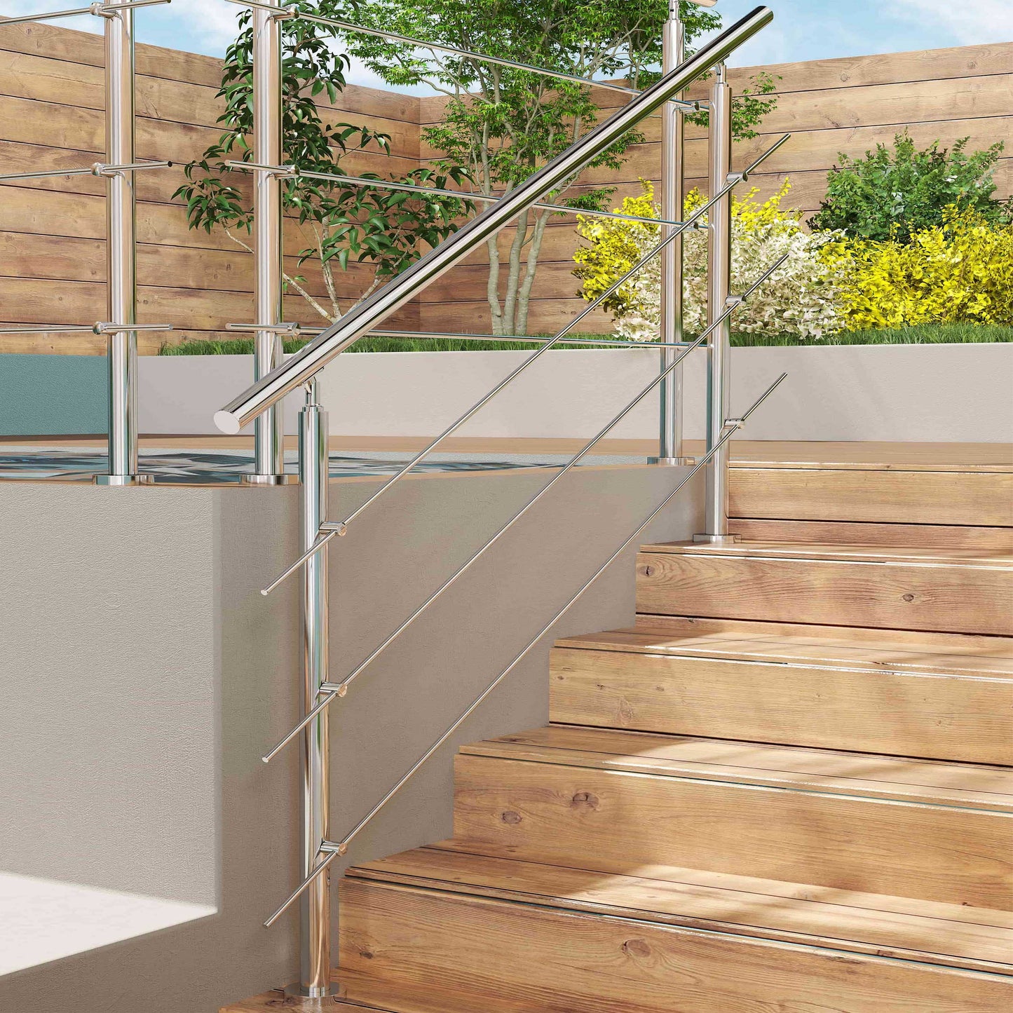 Edelstahl Geländer V2A mit Handlauf (80-200 cm) | 3 oder 5 Querstreben | Bodenmontage & Winkelverstellbar (0°-40°) | Für Balkon, Terrasse & Treppe