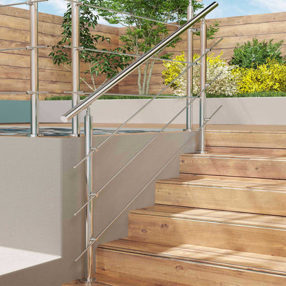 Edelstahl Geländer V2A mit Handlauf (80-200 cm) | 3 oder 5 Querstreben | Bodenmontage & Winkelverstellbar (0°-40°) | Für Balkon, Terrasse & Treppe