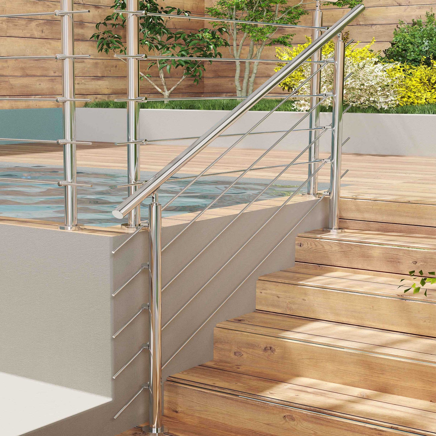 Edelstahl Geländer V2A mit Handlauf (80-200 cm) | 3 oder 5 Querstreben | Bodenmontage & Winkelverstellbar (0°-40°) | Für Balkon, Terrasse & Treppe