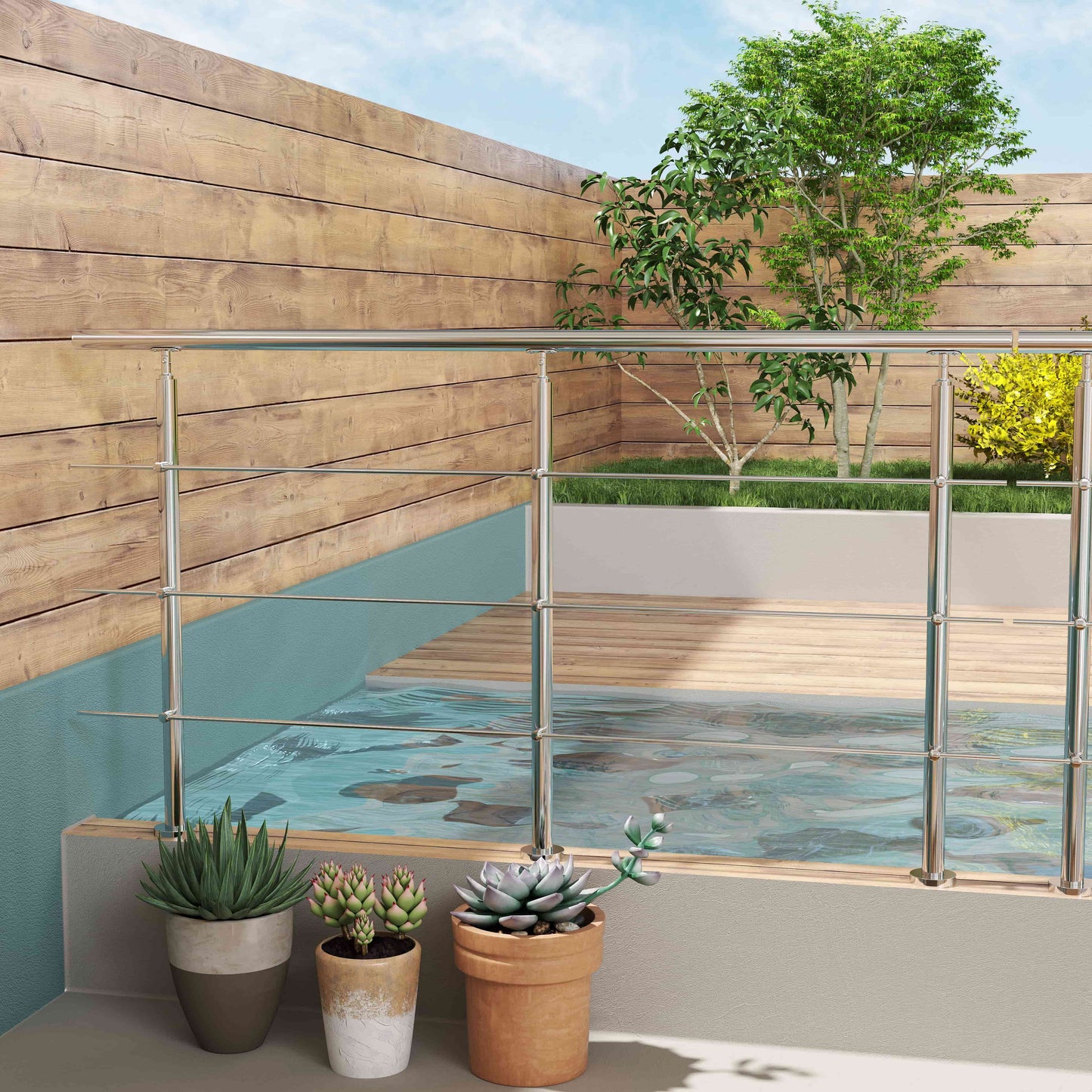 Edelstahl Geländer V2A mit Handlauf (80-200 cm) | 3 oder 5 Querstreben | Bodenmontage & Winkelverstellbar (0°-40°) | Für Balkon, Terrasse & Treppe