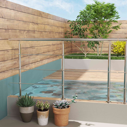 Edelstahl Geländer V2A mit Handlauf (80-200 cm) | 3 oder 5 Querstreben | Bodenmontage & Winkelverstellbar (0°-40°) | Für Balkon, Terrasse & Treppe