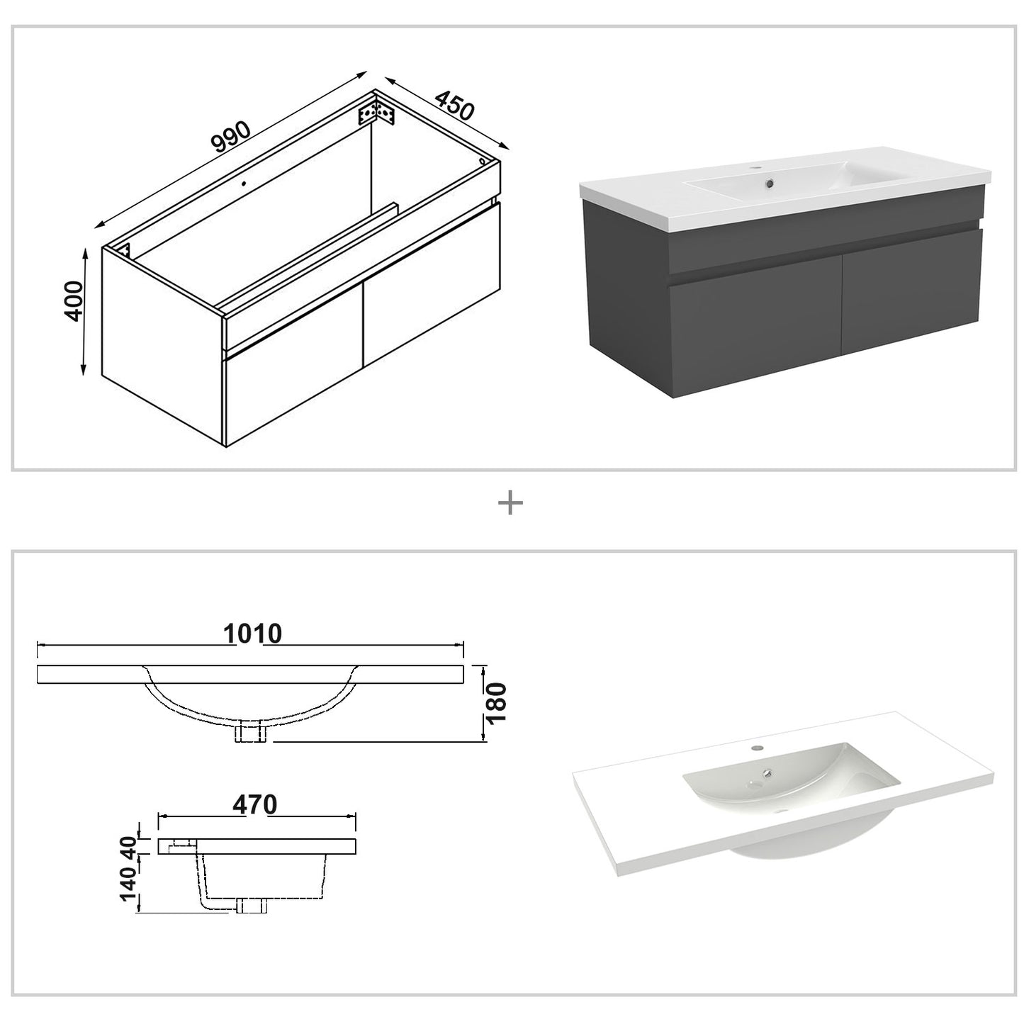 Badezimmer Badmöbel 100cm Mineralguss Waschtisch mit Unterschrank Hängeschrank Dunkelgrau Matt Badezimmerschränke Badschrank mit 2 Soft-Close Türen