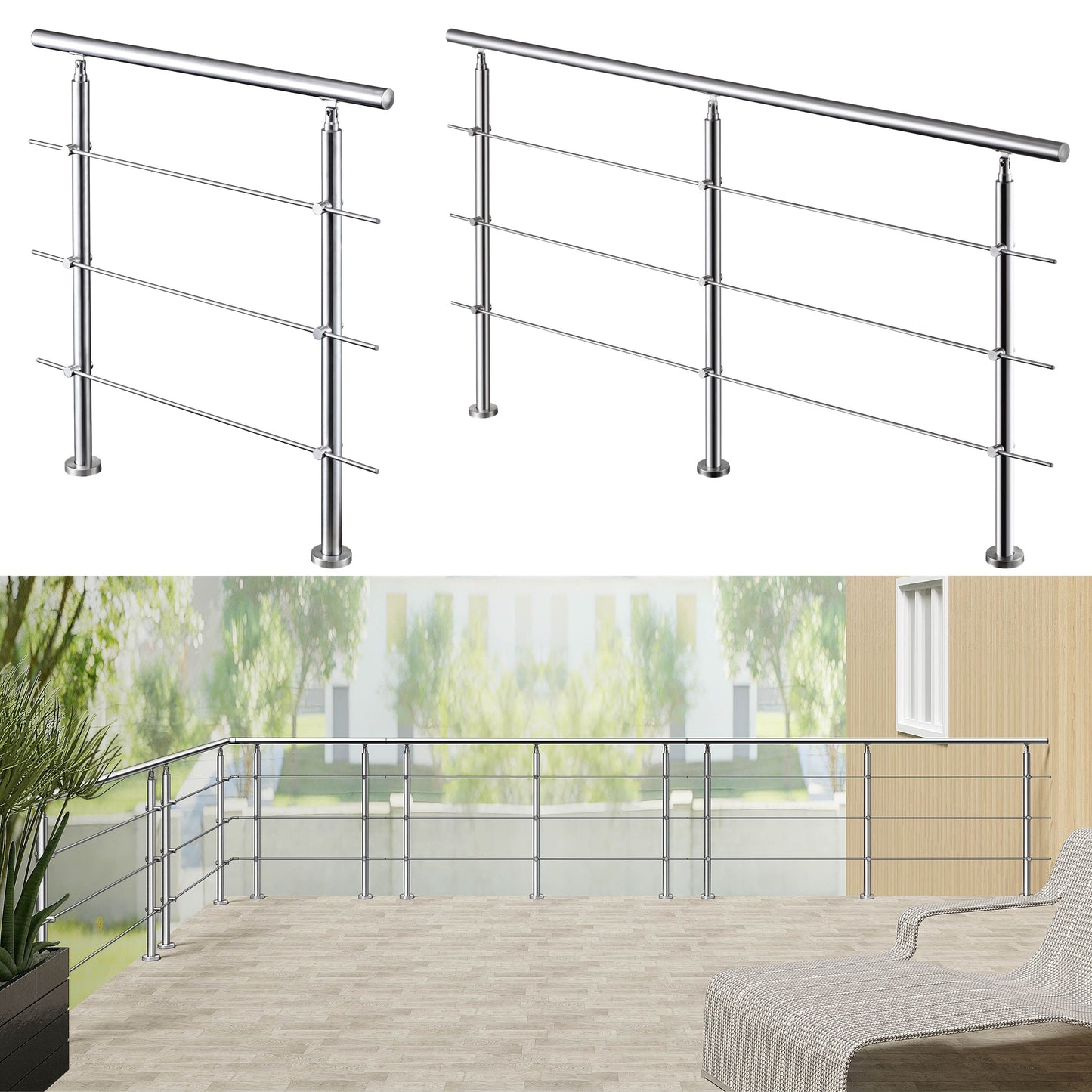 Edelstahl Geländer 3/5 Querstäbe Treppengeländer 80-240cm Handlauf | Balustradensystem für Balkon & Terrasse