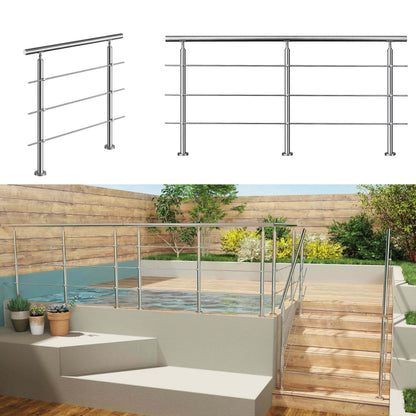 Edelstahl Geländer V2A mit Handlauf (80-200 cm) | 3 oder 5 Querstreben | Bodenmontage & Winkelverstellbar (0°-40°) | Für Balkon, Terrasse & Treppe