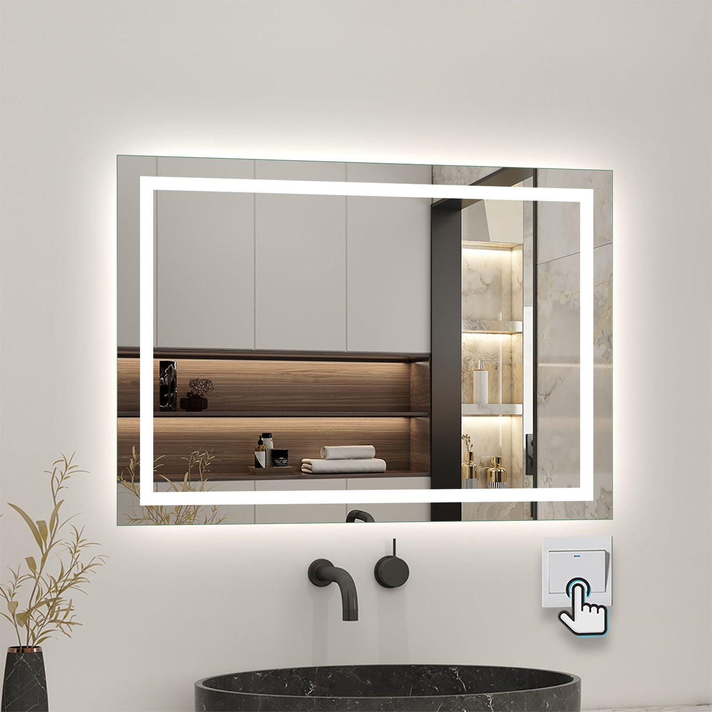 Badspiegel mit Beleuchtung 70x50cm LED Wandspiegel mit Wand-Schalter Beschlagfrei Lichtspiegel Badezimmerspiegel Kaltweiß IP44