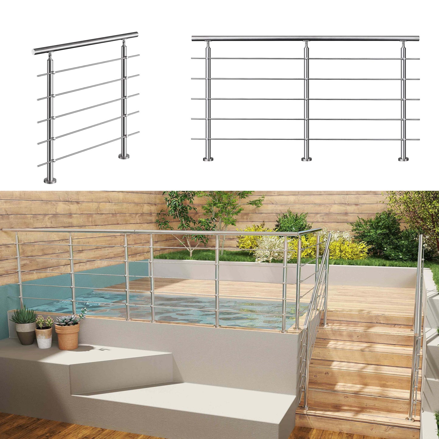 Edelstahl Geländer V2A mit Handlauf (80-200 cm) | 3 oder 5 Querstreben | Bodenmontage & Winkelverstellbar (0°-40°) | Für Balkon, Terrasse & Treppe
