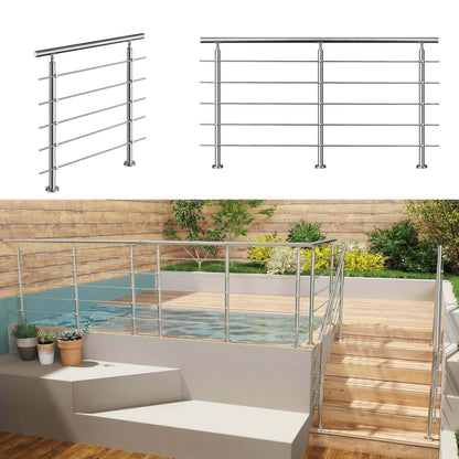 Edelstahl Geländer V2A mit Handlauf (80-200 cm) | 3 oder 5 Querstreben | Bodenmontage & Winkelverstellbar (0°-40°) | Für Balkon, Terrasse & Treppe
