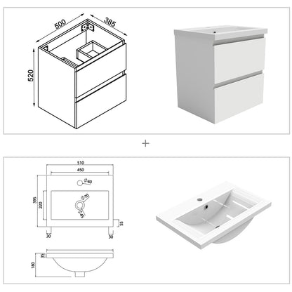 Badezimmermöbel 50cm Keramik Waschtisch mit Unterschrank Badmöbel set Badezimmerschränke mit 2 Soft-Close Schubladen Weiß Matt