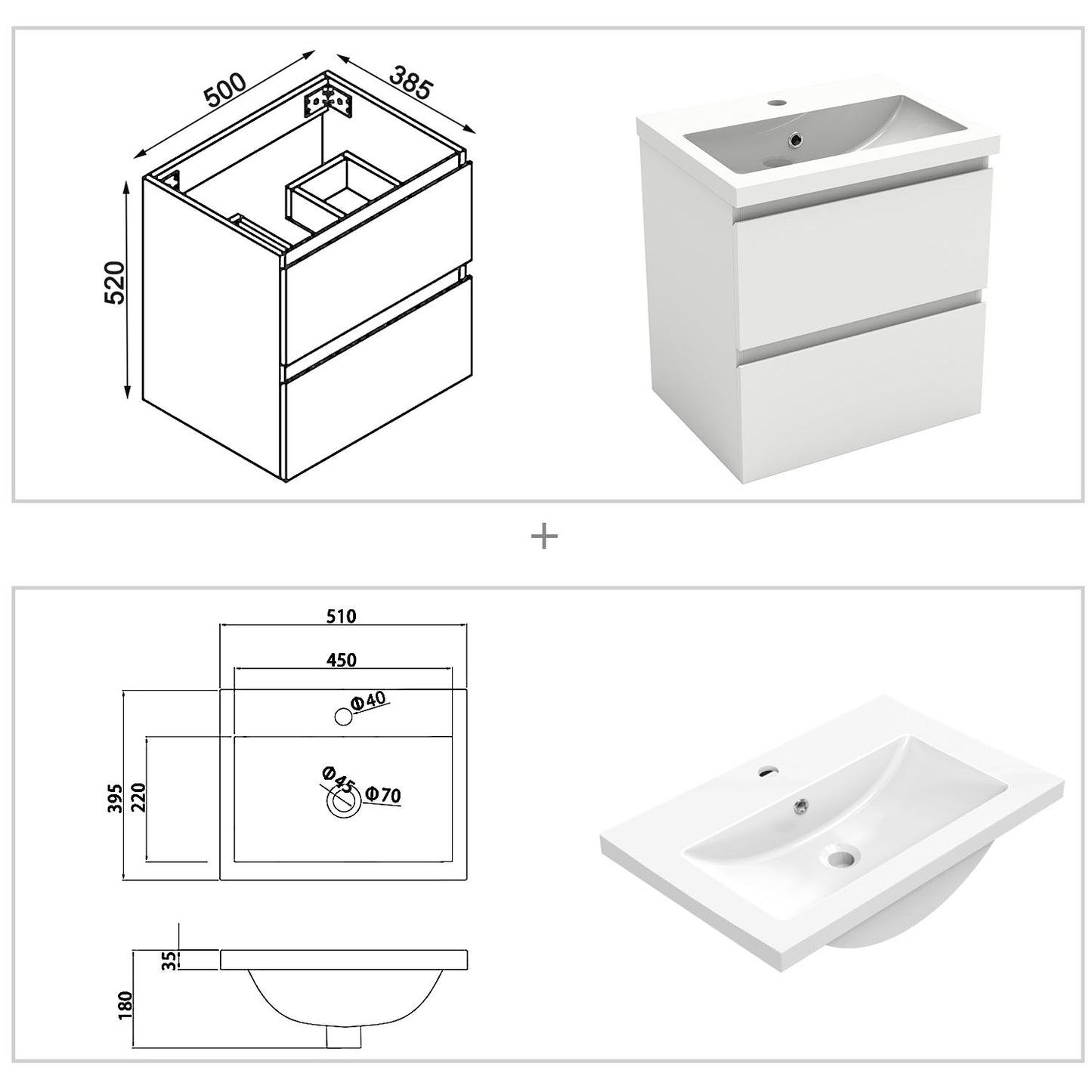 Badezimmermöbel 50cm Mineralguss Waschtisch mit Unterschrank Badmöbel set Badezimmerschränke mit 2 Soft-Close Schubladen Weiß Matt