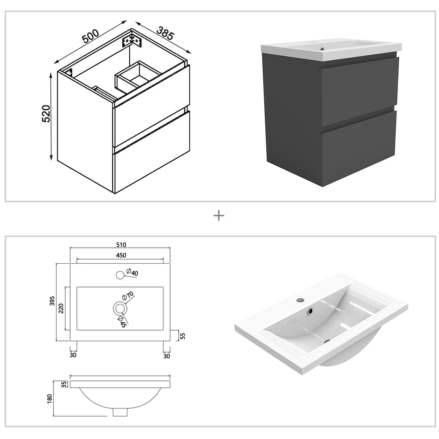 Badezimmermöbel 50cm Keramik Waschtisch mit Unterschrank Badmöbel set Badezimmerschränke mit 2 Soft-Close Schubladen Dunkelgrau Matt