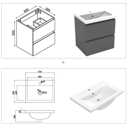 Badezimmermöbel 50cm Mineralguss Waschtisch mit Unterschrank Badmöbel set Badezimmerschränke mit 2 Soft-Close Schubladen Dunkelgrau Matt