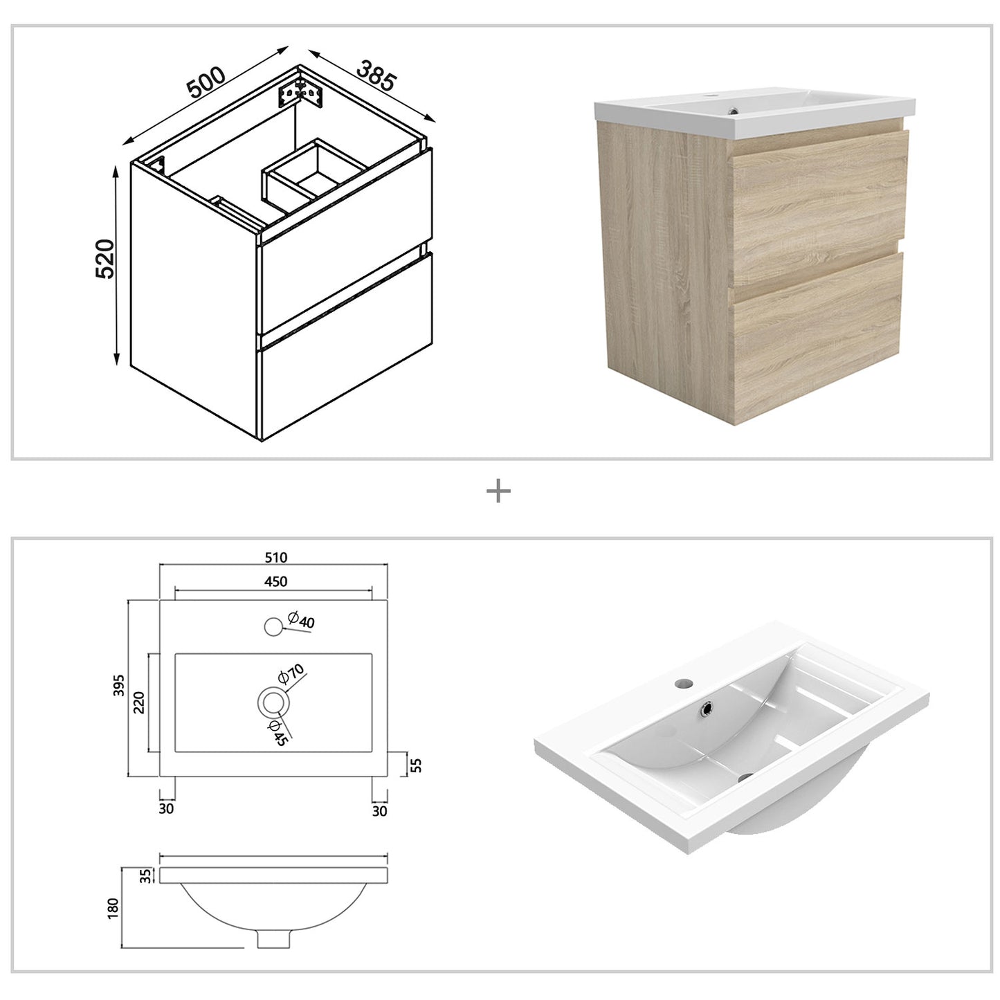 Badezimmermöbel 50cm Keramik Waschtisch mit Unterschrank Badmöbel set Badezimmerschränke mit 2 Soft-Close Schubladen Eiche Matt