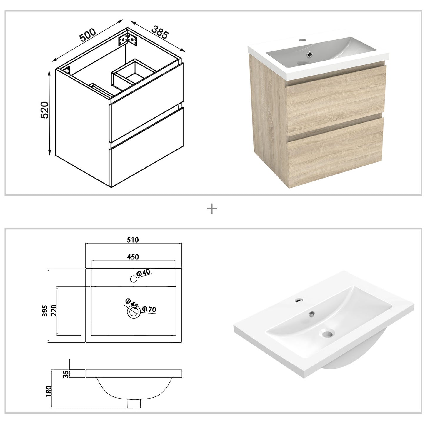 Badezimmermöbel 50cm Mineralguss Waschtisch mit Unterschrank Badmöbel set Badezimmerschränke mit 2 Soft-Close Schubladen Eiche Matt