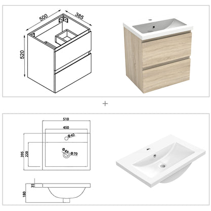 Badezimmermöbel 50cm Mineralguss Waschtisch mit Unterschrank Badmöbel set Badezimmerschränke mit 2 Soft-Close Schubladen Eiche Matt